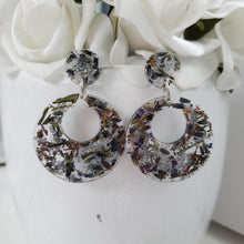 Load image into Gallery viewer, Handmade real flower long circular drop post earrings made with lavender petals and silver leaf preserved in resin. - Long Earrings, Pink Earrings, Earrings