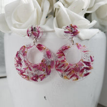 Load image into Gallery viewer, Handmade real flower long circular drop post earrings made with red clover flower and silver leaf preserved in resin. - Long Earrings, Pink Earrings, Earrings