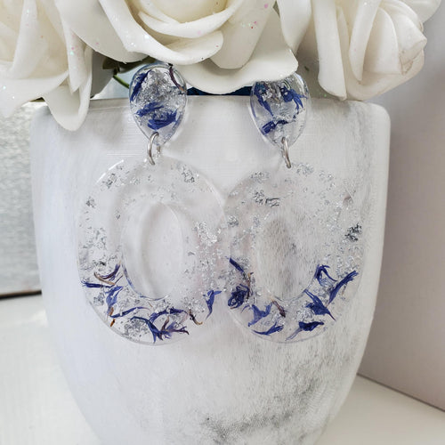 Handmade real flower long oval stud earrings made with blue cornflower and silver leaf preserved in resin.  - Flower Earrings, Wedding Earrings, Bridesmaid Earrings
