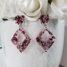 Load image into Gallery viewer, Handmade real flower long triangular stud earrings made with red rose petals and silver leaf preserved in resin. - Triangular Earrings, Stud Earrings, Pink Earrings