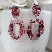 Load image into Gallery viewer, A handmade real flower long odd shape stud earrings made with red rose petals and silver leaf preserved in resin.- Floral Earrings, Dangle Earrings, Bridesmaid Earrings