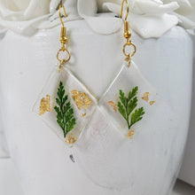 Load image into Gallery viewer, Handmade drop earrings made with real pressed fern and gold leaf preserved in resin. - Fern Earrings, Leaf Earrings, Resin Earrings, Earrings