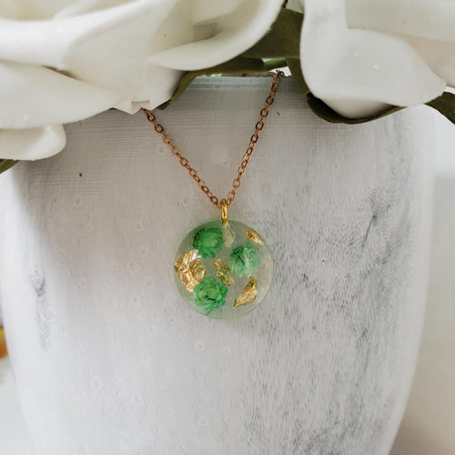 Handmade real tiny flowers pendant necklace with gold leaf preserved in resin. green and gold or custom color   - Tiny Flower Necklace, Flower Pendant, Resin Necklace