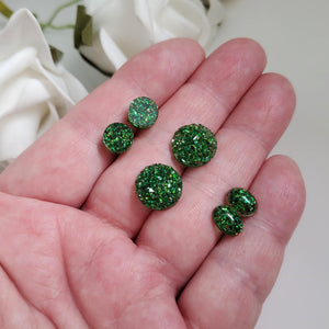 A set of 3 handmade stud earrings made with glitter preserved in resin. druzy, oval and flatback round. green or custom color - Red Earrings, Stud Earrings, Earrings