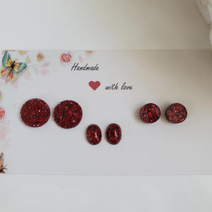 A set of 3 handmade stud earrings made with glitter preserved in resin. druzy, oval and flatback round. red or custom color - Red Earrings, Stud Earrings, Earrings