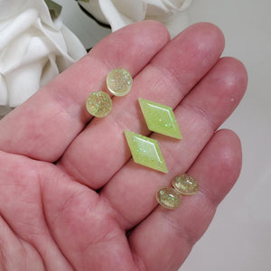 Handmade geometric glitter stud earrings, flat back round - rectangle - oval - light green or custom color - Geometric Earrings, Stud Earrings, Earrings