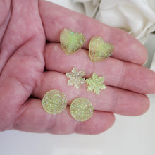 Load image into Gallery viewer, Handmade small glitter stud earrings - circular, snowflake and heart - light green or custom color - Minimal Earrings, Stud Earrings, Earrings