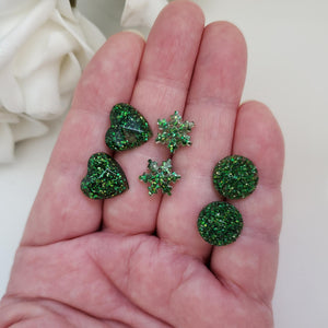 Handmade small glitter stud earrings - circular, snowflake and heart - dark green or custom color - Minimal Earrings, Stud Earrings, Earrings