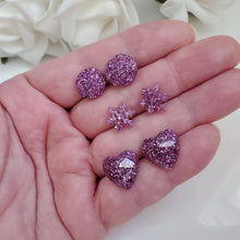 Load image into Gallery viewer, Handmade small glitter stud earrings - circular, snowflake and heart - purple or custom color - Minimal Earrings, Stud Earrings, Earrings