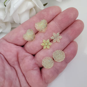 Handmade small glitter stud earrings - circular, snowflake and heart - yellow or custom color - Minimal Earrings, Stud Earrings, Earrings