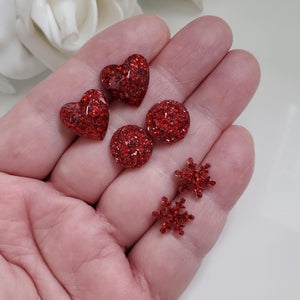 Handmade small glitter stud earrings - circular, snowflake and heart - red or custom color - Minimal Earrings, Stud Earrings, Earrings