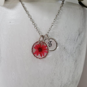 Handmade monogram tiny real flower drop necklace preserved in resin. red or custom color - Monogram Flower Necklace - Letter Necklace - Necklaces