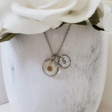 Load image into Gallery viewer, Handmade monogram tiny real flower drop necklace preserved in resin. white or custom color - Monogram Flower Necklace - Letter Necklace - Necklaces