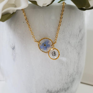 Handmade real flower initial necklace made with a forget me not flower preserved in resin. rhodium or gold - Forget Me Not Necklace - Monogram Necklace - Necklaces