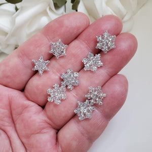 Set of 4 handmade minimalist snowflake glitter stud earrings, silver or custom color - Snowflake Earrings, Stud Earrings, Earrings