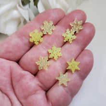 Load image into Gallery viewer, Set of 4 handmade minimalist snowflake glitter stud earrings, yellow or custom color - Snowflake Earrings, Stud Earrings, Earrings
