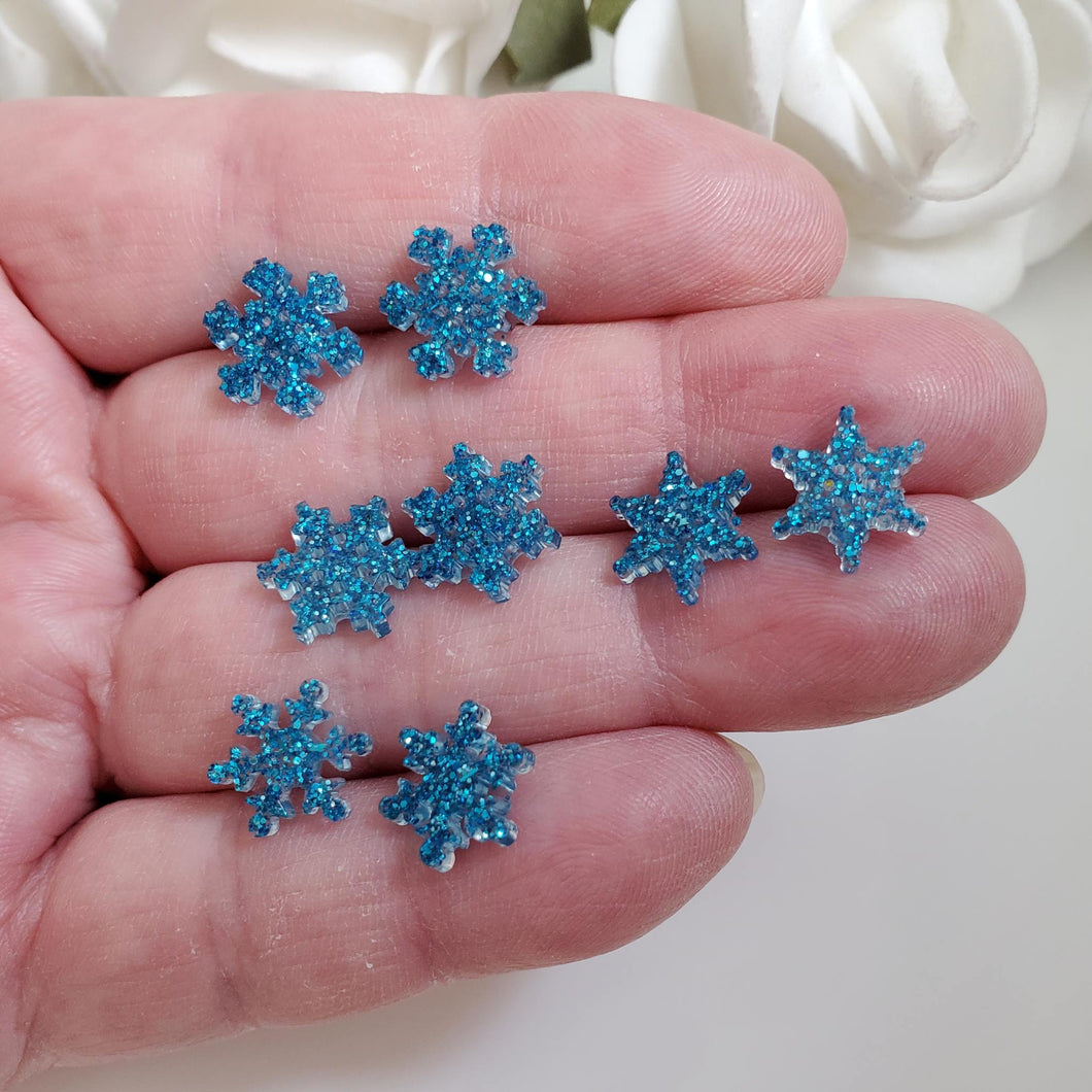 Set of 4 handmade minimalist snowflake glitter stud earrings, blue or custom color - Snowflake Earrings, Stud Earrings, Earrings