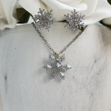 Load image into Gallery viewer, Handmade snowflake glitter drop necklace pendant accompanied by a pair of stud earrings. silver or custom color - flake Jewelry Set - Winter Jewelry - Jewelry Sets