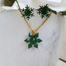 Load image into Gallery viewer, Handmade snowflake drop necklace accompanied by a pair of stud earrings made with glitter preserved in resin. green or custom color - Snowflake Necklace Set - Winter Jewelry - Jewelry Sets