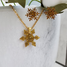 Load image into Gallery viewer, Handmade snowflake glitter drop necklace pendant accompanied by a pair of stud earrings. gold or custom color - flake Jewelry Set - Winter Jewelry - Jewelry Sets