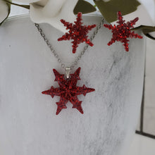 Load image into Gallery viewer, Handmade snowflake drop necklace accompanied by a pair of stud earrings made with glitter preserved in resin. red or custom color - Snowflake Necklace Set - Winter Jewelry - Jewelry Sets
