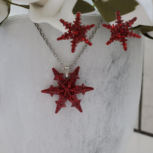 Handmade snowflake drop necklace accompanied by a pair of stud earrings made with glitter preserved in resin. red or custom color - Snowflake Necklace Set - Winter Jewelry - Jewelry Sets