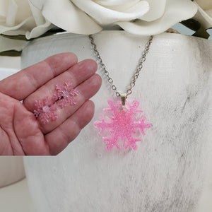 Handmade snowflake glitter drop necklace accompanied by a pair of stud earrings - pink or custom color - Snowflake Glitter Jewelry - Winter Jewelry - Jewelry Sets