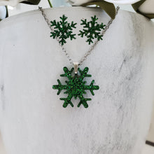Load image into Gallery viewer, Handmade snowflake glitter drop necklace accompanied by a pair of stud earrings - green or custom color - Snowflake Glitter Jewelry - Winter Jewelry - Jewelry Sets