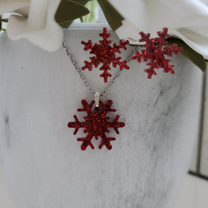 Handmade snowflake glitter drop necklace accompanied by a pair of stud earrings - red or custom color - Snowflake Glitter Jewelry - Winter Jewelry - Jewelry Sets
