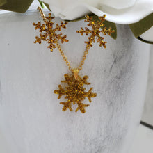 Load image into Gallery viewer, Handmade snowflake glitter drop necklace accompanied by a pair of stud earrings - gold or custom color  - Snowflake Glitter Jewelry - Winter Jewelry - Jewelry Sets