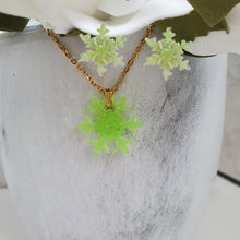 Load image into Gallery viewer, Handmade snowflake glitter drop necklace accompanied by a pair of stud earrings - light green or custom color - Snowflake Glitter Jewelry - Winter Jewelry - Jewelry Sets