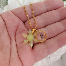 Load image into Gallery viewer, Handmade monogram snowflake glitter necklace made with blue glitter preserved in resin. yellow or custom color - Monogram Snowflake Necklace-Winter Jewelry-Necklaces