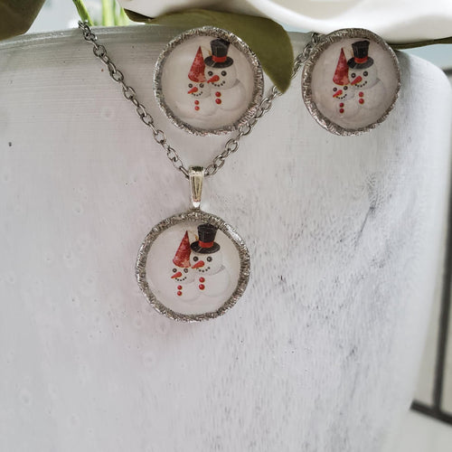 Handmade snowman drop necklace accompanied by a pair of matching stud earrings. stainless steel or gold plated - Snowman Jewelry Set - Winter Jewelry - Jewelry Sets