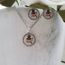 Load image into Gallery viewer, Handmade snowman drop necklace accompanied by matching stud earrings. gold or silver - Snowman Necklace Set - Winter Jewelry - Jewelry Sets