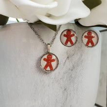 Load image into Gallery viewer, Handmade gingerbread man drop necklace and stud earring jewelry set. stainless steel or gold - Winter Jewelry - Gingerbread Man Jewelry - Jewelry Sets