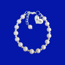 Load image into Gallery viewer, Bride Gift Ideas - Bride Jewelry - Bride Gift, bride silver accented pearl charm bracelet, white or custom color