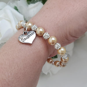 Handmade daughter pearl and pave crystal charm bracelet, champagne and silver or custom color - Daughter Charm Bracelet - Daughter Gift