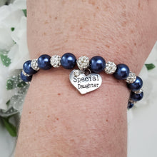 Load image into Gallery viewer, Handmade daughter pearl and pave crystal charm bracelet, dark blue and silver or custom color - Daughter Charm Bracelet - Daughter Gift