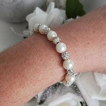 Load image into Gallery viewer, Handmade Flower Girl pearl and pave crystal charm bracelet - Flower Girl Gift - Flower Girl Bracelet - Bridal Gifts - white and silver