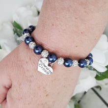 Load image into Gallery viewer, Handmade mother of the bride pearl and pave crystal rhinestone charm bracelet, dark blue or custom color - Mother of the Bride Pearl Bracelet - Bridal Bracelets