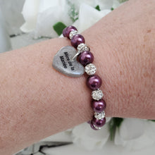 Load image into Gallery viewer, Handmade mother of the bride pearl and pave crystal rhinestone charm bracelet, burgundy red or custom color - Mother of the Bride Pearl Bracelet - Bridal Bracelets