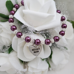 Handmade mother of the bride pearl and pave crystal rhinestone charm bracelet, burgundy red or custom color - Mother of the Bride Pearl Bracelet - Bridal Bracelets