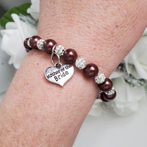 Handmade mother of the bride pearl and pave crystal rhinestone charm bracelet, chocolate brown or custom color - Mother of the Bride Pearl Bracelet - Bridal Bracelets