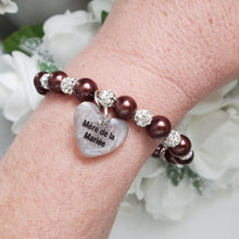 Load image into Gallery viewer, Handmade mother of the bride pearl and pave crystal rhinestone charm bracelet, chocolate brown or custom color - Mother of the Bride Pearl Bracelet - Bridal Bracelets