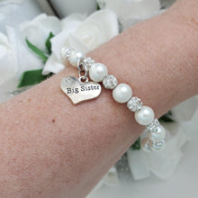 Load image into Gallery viewer, Handmade sister pearl crystal charm bracelet, ivory or custom color - Big Sister Present - Big Sister Gift - Sister Gift