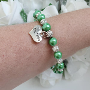 Handmade sister pearl crystal charm bracelet, green or custom color - Big Sister Present - Big Sister Gift - Sister Gift