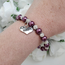 Load image into Gallery viewer, Handmade nana pearl and pave crystal rhinestone charm bracelet, burgundy red and silver or custom color - Nana Pearl Bracelet - Nana Bracelet - Bracelets
