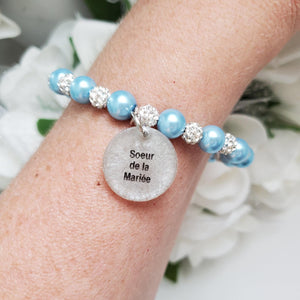 Handmade sister of the bride pearl and pave crystal rhinestone charm bracelet, light blue or custom color - Sister of the Bride Bracelet - Bridal Gifts - Bracelets