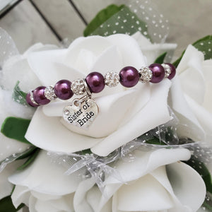Handmade sister of the bride pearl and pave crystal rhinestone charm bracelet, burgundy red or custom color - Sister of the Bride Bracelet - Bridal Gifts - Bracelets