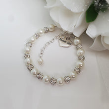 Load image into Gallery viewer, Handmade Flower Girl pearl and pave crystal charm bracelet - Flower Girl Gift - Flower Girl Bracelet - Bridal Gifts - white and silver